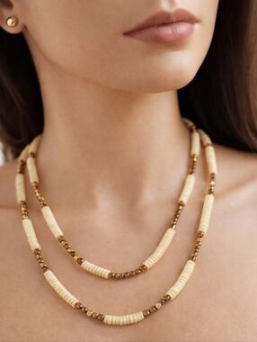 Elegant Gold tone & Cream Beaded Long Necklace - Stylish Women's Fashion Jewelry